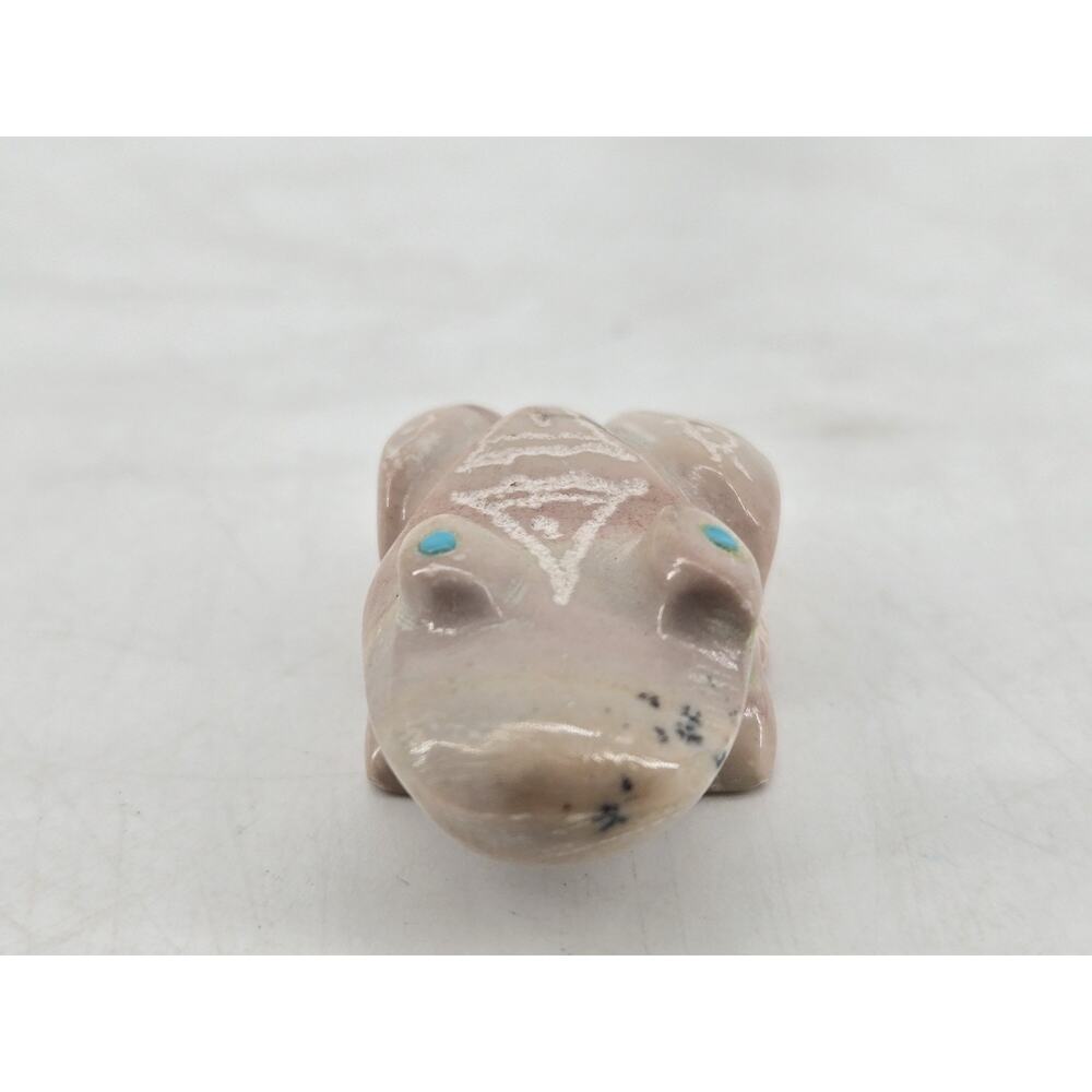 Mini Carved Stone Zuni Fetish Frog Toad Etched Turquoise Eyes By Adrian Cachini - Picture 7 of 12